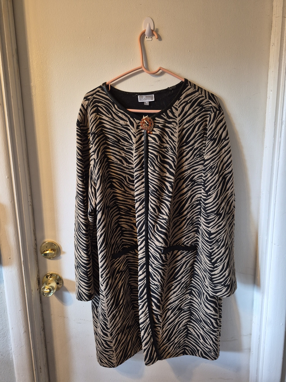 JM Collection Zebra-Print Long Coat in Black & Tan